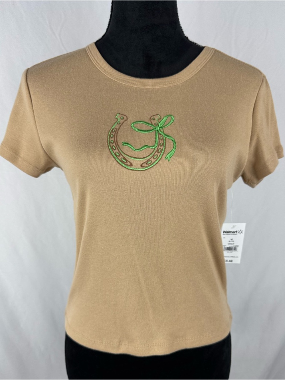 NWT Special Edition Short Sleeve Tan Tee with Green Horseshoe Embroidery